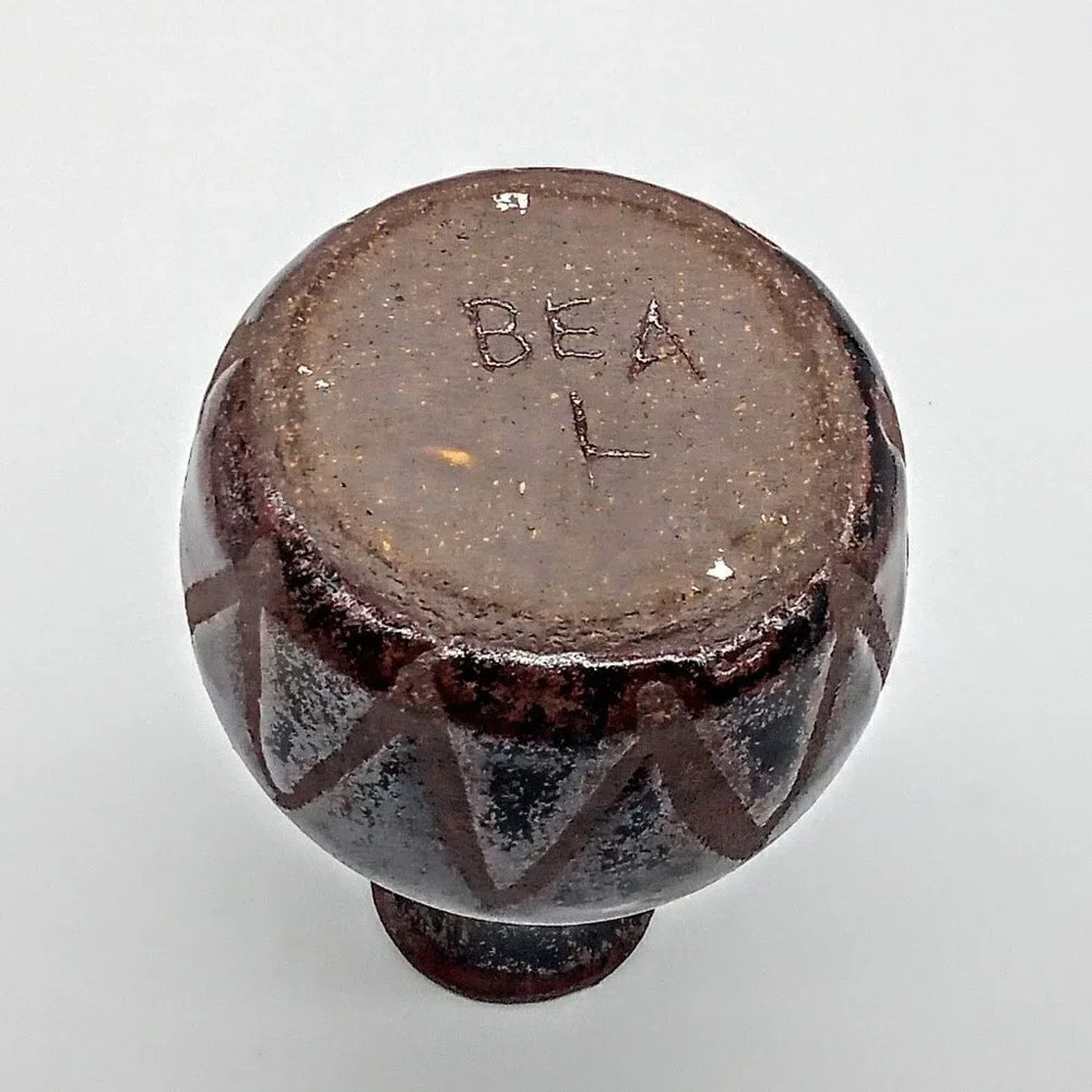 BEA L Black Brown Raku Pottery Vase SIGNED